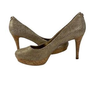 Tahari 7.5 Sophia gold dust snake skin pattern cork wrapped platform hee…